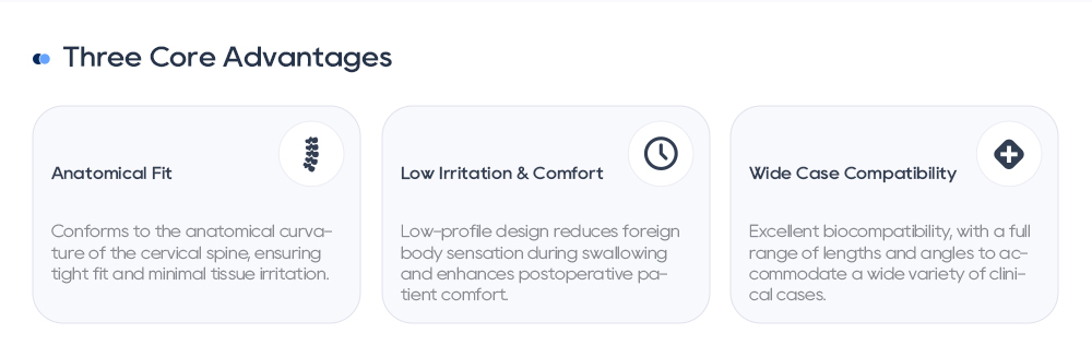 Основные преимущества передней шейной пластины: анатомическая посадка, низкопрофильная конструкция и широкая совместимость. 