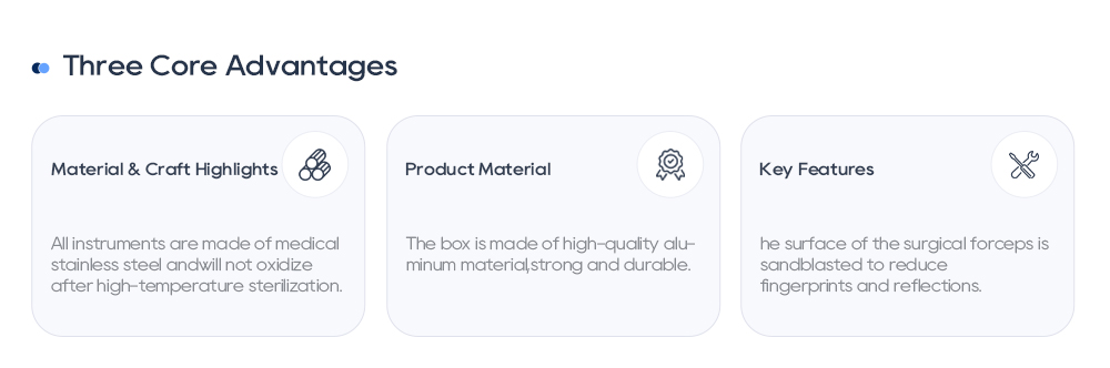 Основные преимущества: медицинская нержавеющая сталь, прочный алюминиевый корпус и пескоструйные хирургические щипцы. 