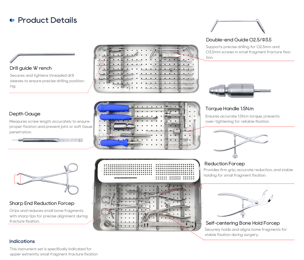 Детали ортопедических инструментов: крутящая рукоятка 1,5 Нм, глубиномер и щипцы для редукции кости. 