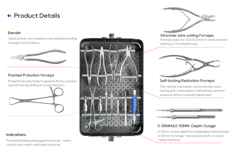 ортопедические хирургические инструменты: кусачки Киршнера, самоблокирующиеся редукционные щипцы, глубиномер и инструмент Бендера. 