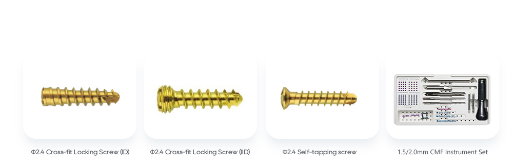 Сопутствующие челюстно-лицевые изделия: стопорные винты с поперечной посадкой 2,4 мм и набор инструментов CMF 1,5/2,0 мм.